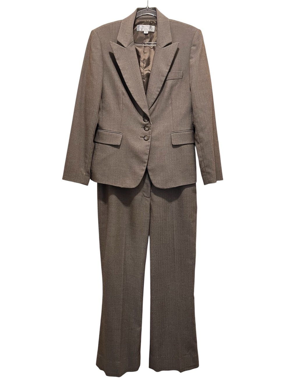 Tahari Arthur S. Levine Taupe Herringbone Sz 8P Pant Suit Career Professional